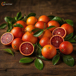 Caja de naranjas Sanguinelli valencianas recién recogidas del árbol en Almazora, Castellón