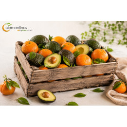 Caja mixta de aguacates Hass de Castellón y mandarinas clementinas valencianas recién recolectadas